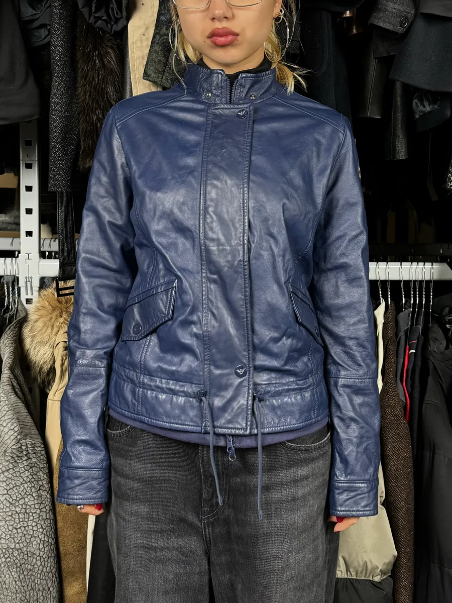 2000s Armani Navy Leather Jacket - Image 2