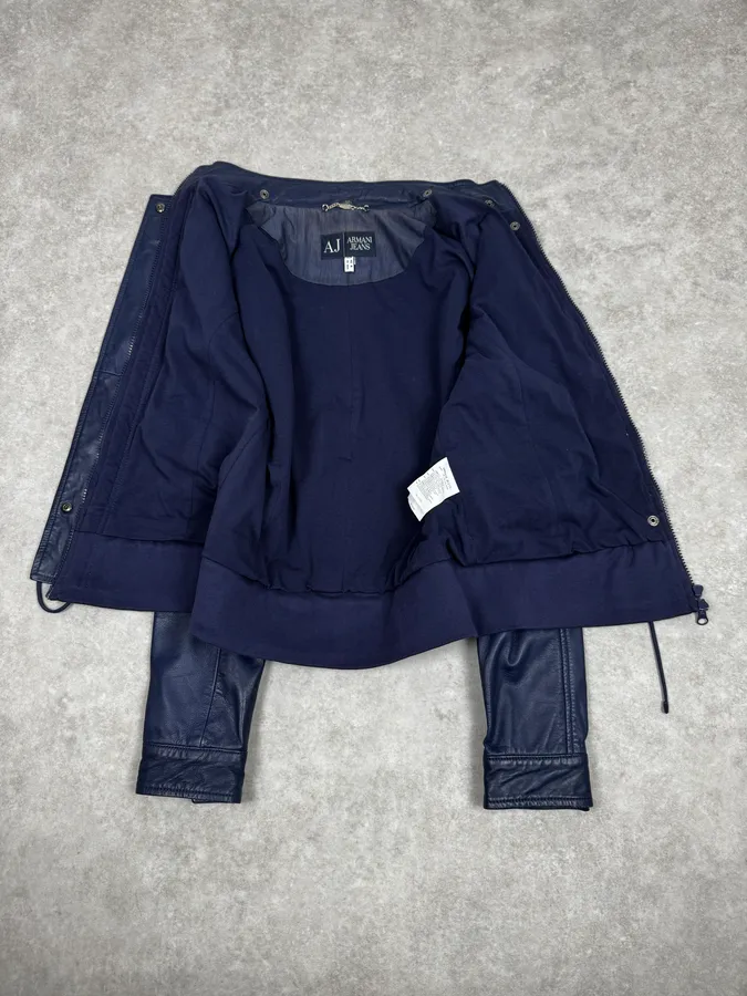 2000s Armani Navy Leather Jacket - Image 7