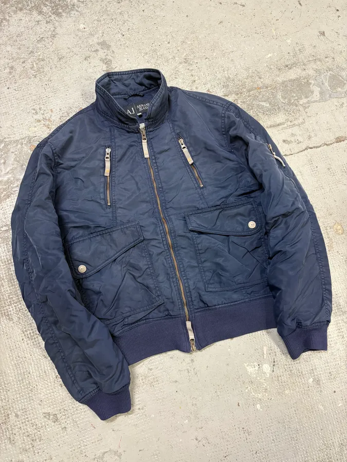 2000s Armani Navy Nylon Cargo Zips Bomber Jacket - Image 4