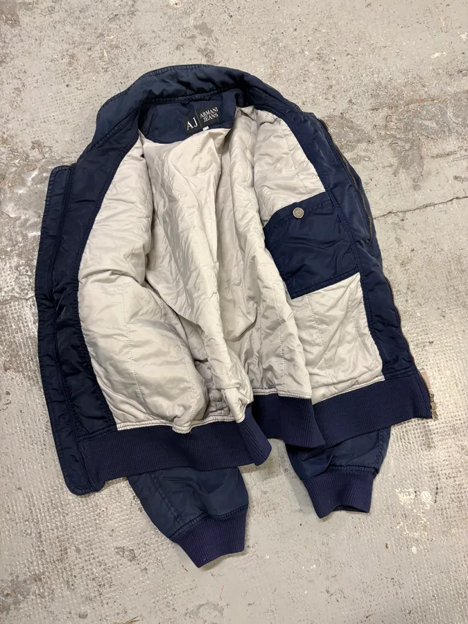 2000s Armani Navy Nylon Cargo Zips Bomber Jacket - Image 7