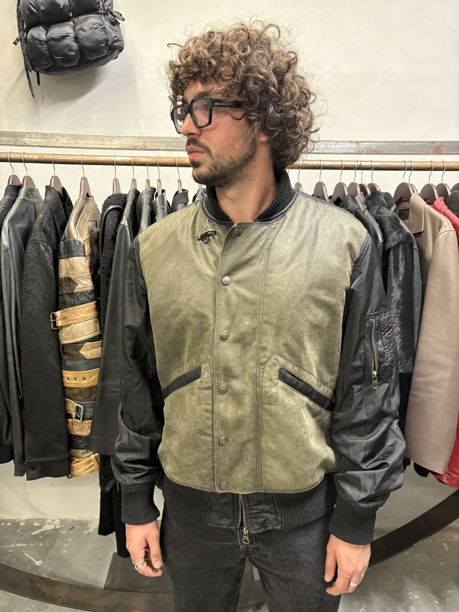 2000s Armani Olive Dragon Hide Leather Nylon Jacket - Image 3