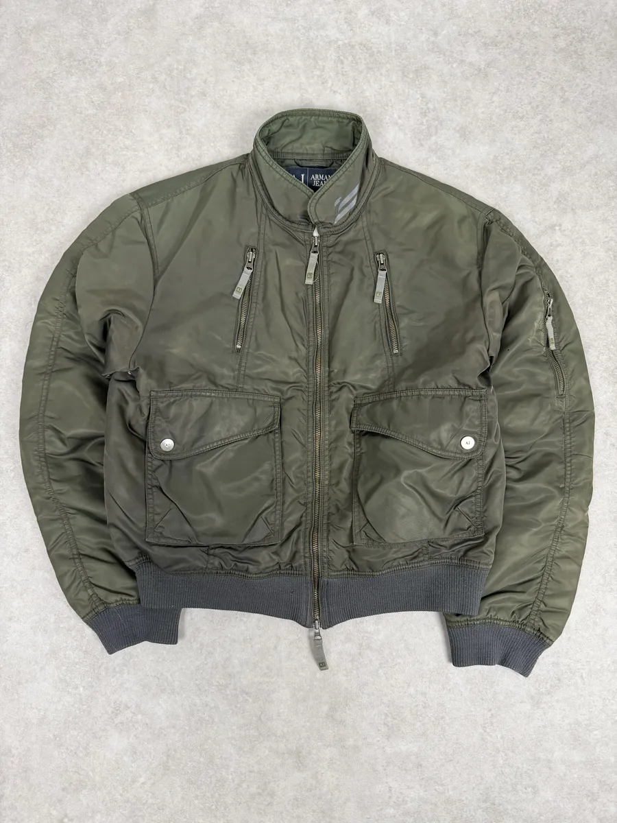 2000s Armani Olive Green Utility Bomber Jacket - Image 5