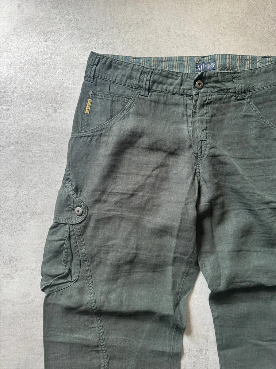 2000s Armani Olive Linen Cozy Cargo Pants - Image 10