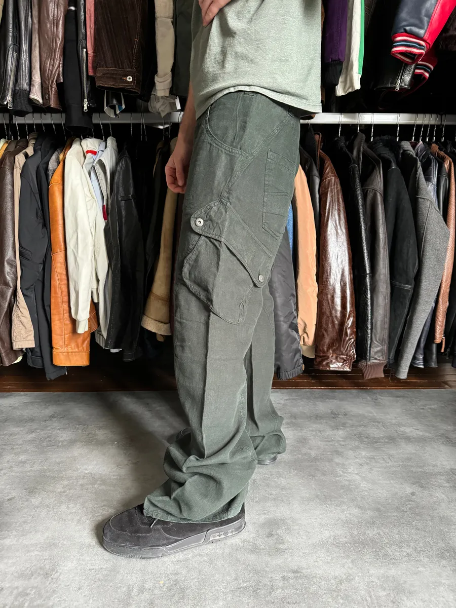 2000s Armani Olive Linen Cozy Cargo Pants - Image 2