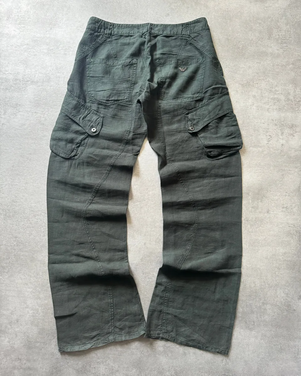 2000s Armani Olive Linen Cozy Cargo Pants - Image 3
