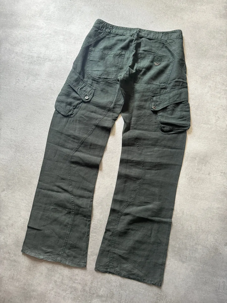 2000s Armani Olive Linen Cozy Cargo Pants - Image 6