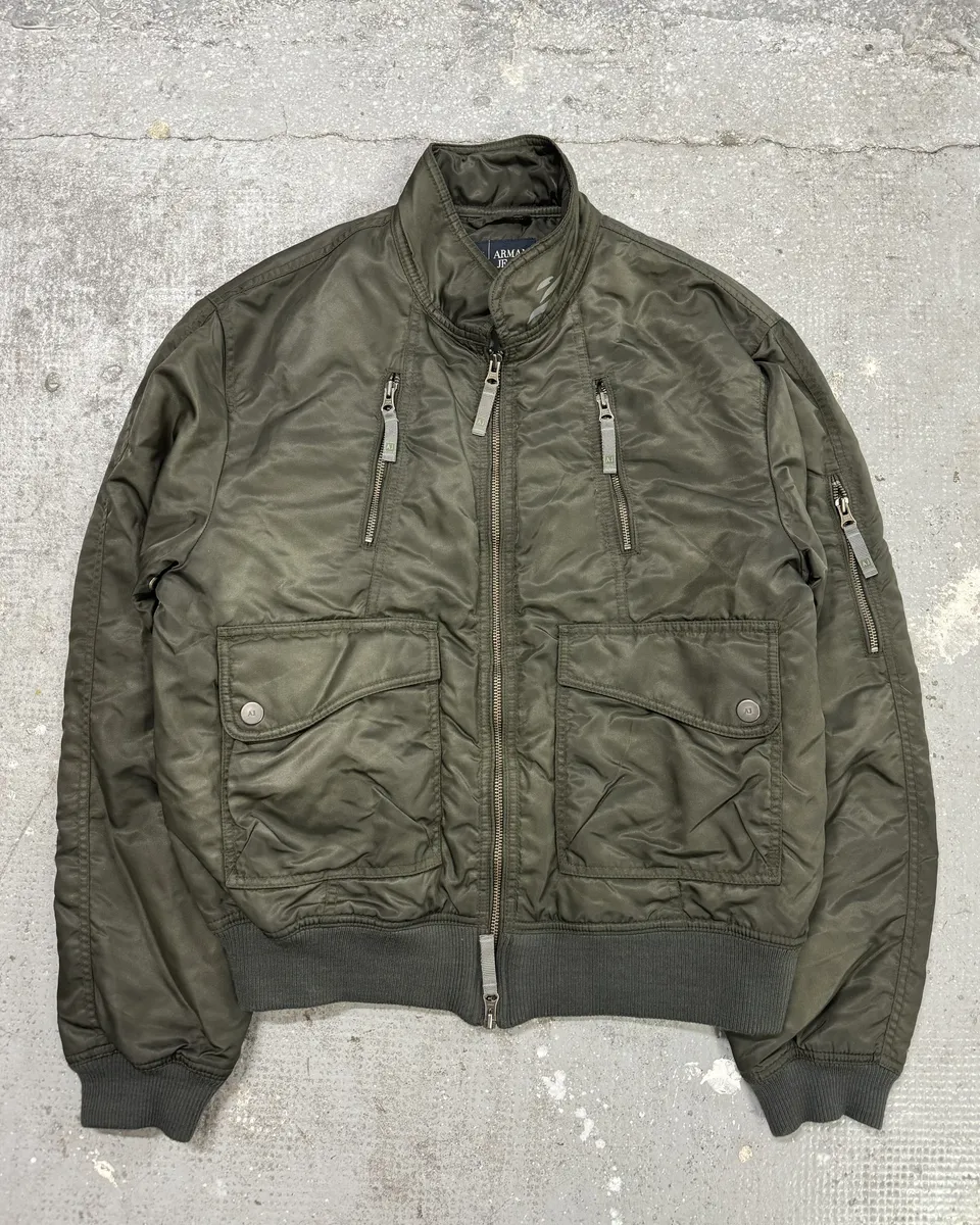 2000s Armani Olive Multi Zip Cozy Bomber Jacket