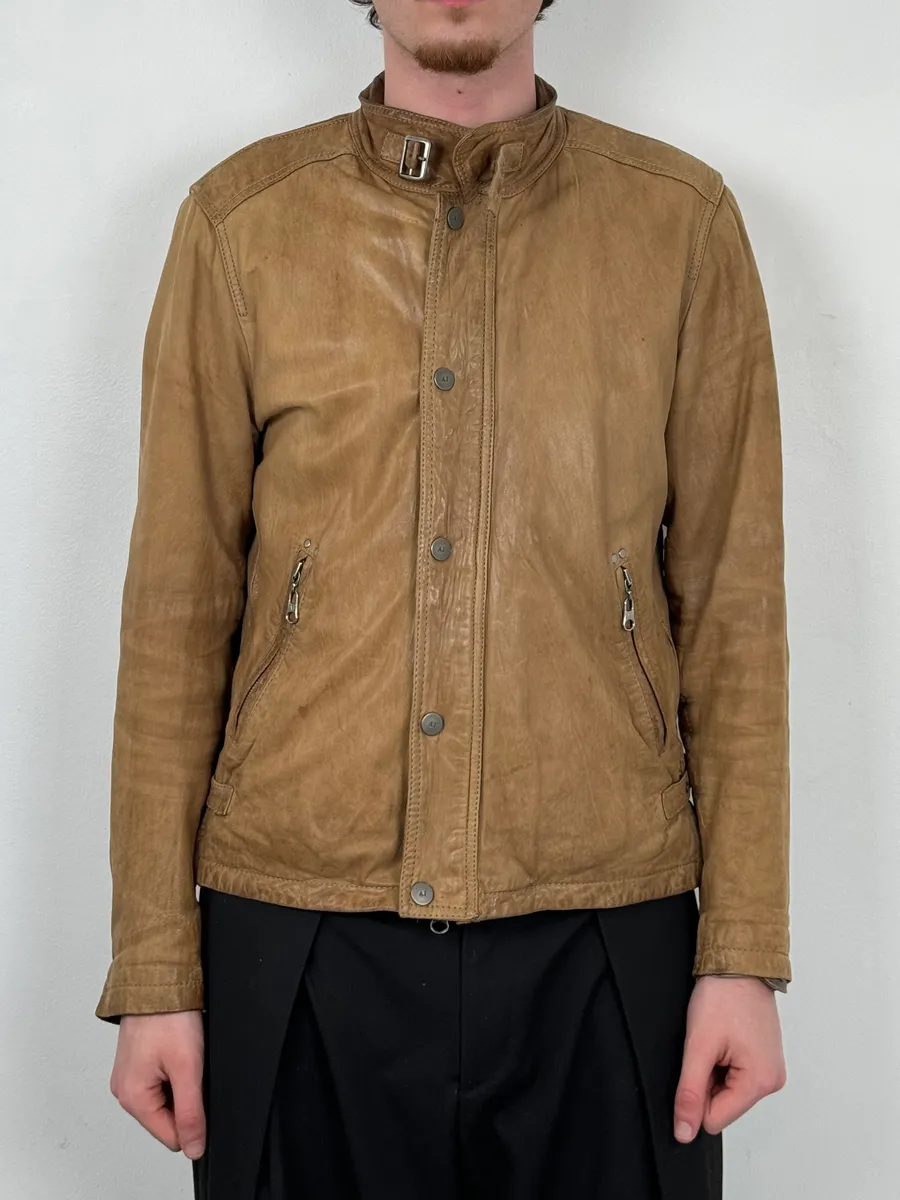 2000s Armani Padded Beige Leather Biker Jacket - Image 2