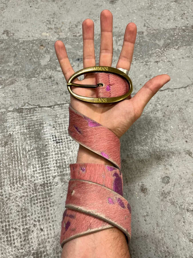 2000s Armani Pink Pony Hair Leather Belt - Image 2
