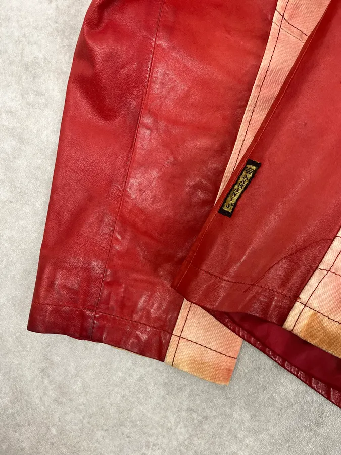 2000s Armani Red Two Tone Padded Biker Leather Jacket - Image 10