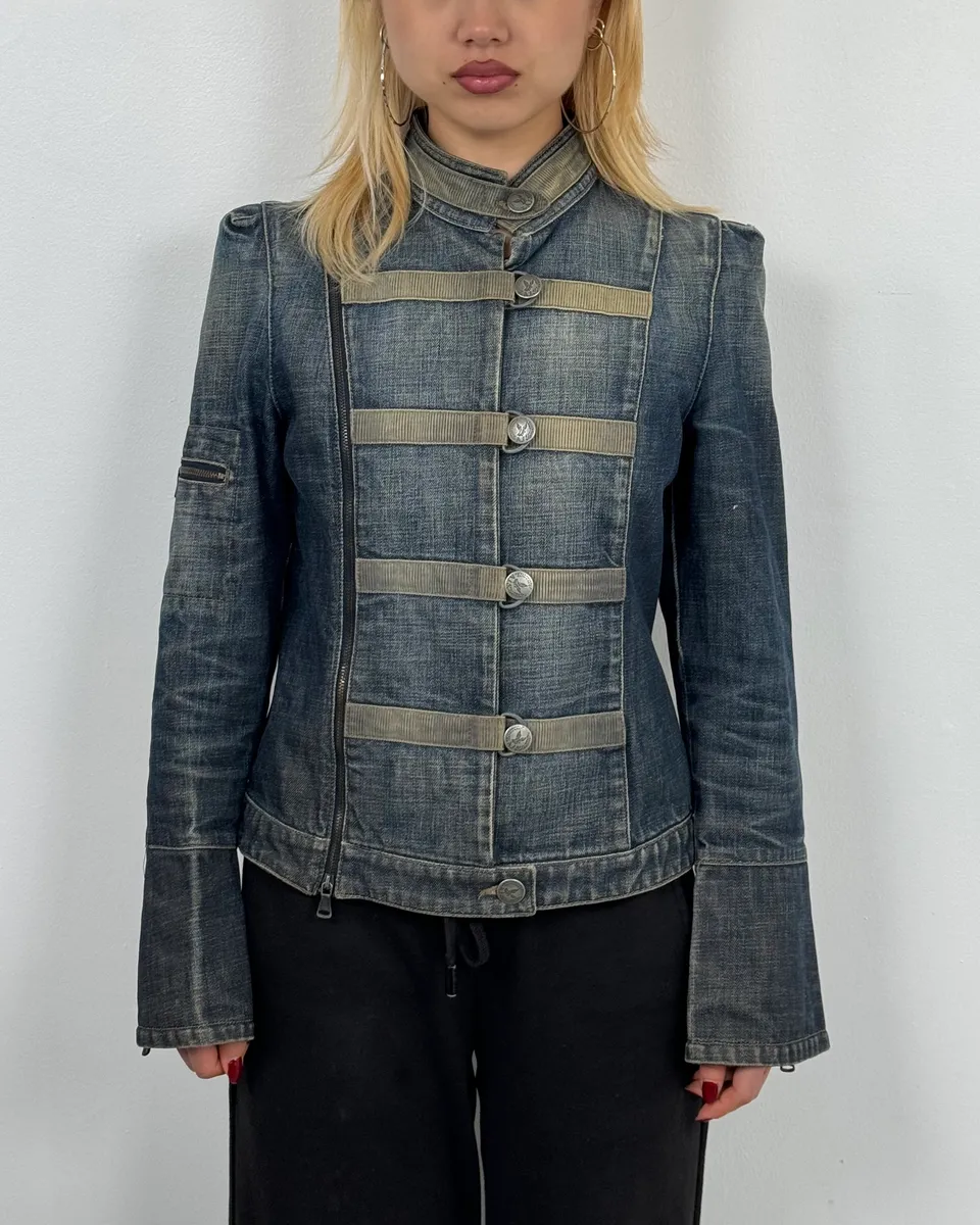 2000s Armani Samurai Asymmetrical Zip Denim Jacket - Image 2