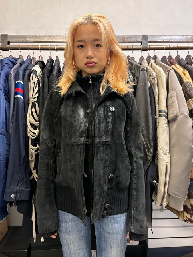 2000s Armani Technical Black Suede Leather Jacket - Image 2