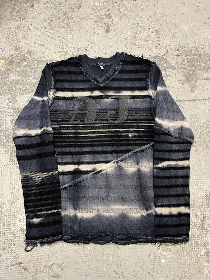 2000s Armani Tie & Dye Navy Gradient V Neck Distressed Sweater - Image 4
