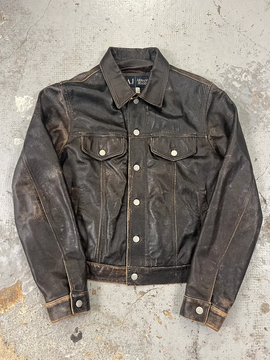 2000s Armani Trucker Faded Brown Leather Buttoned Jacket