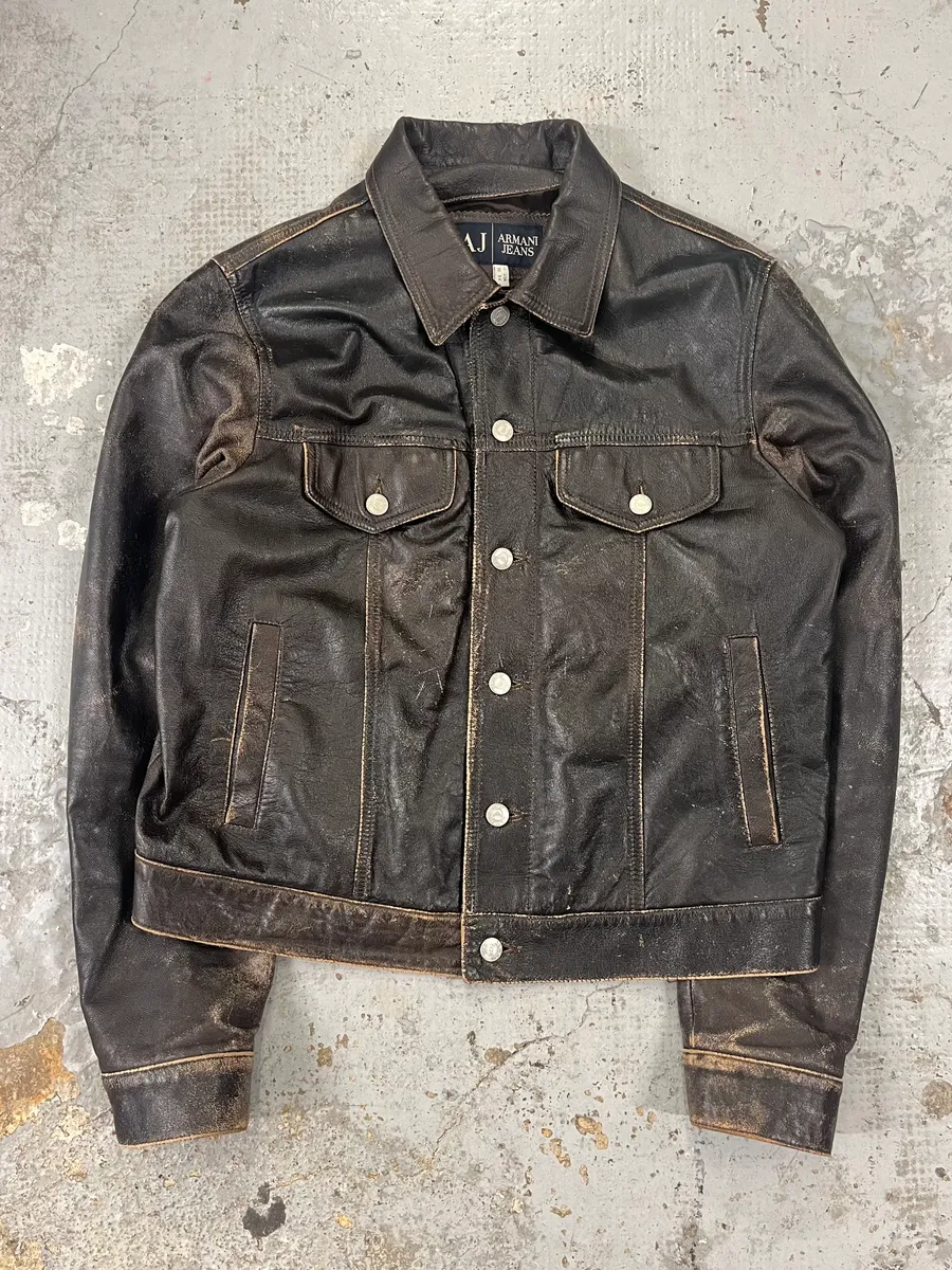 2000s Armani Trucker Faded Brown Leather Buttoned Jacket - Image 4