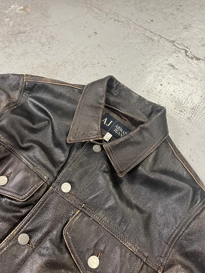 2000s Armani Trucker Faded Brown Leather Buttoned Jacket - Image 5