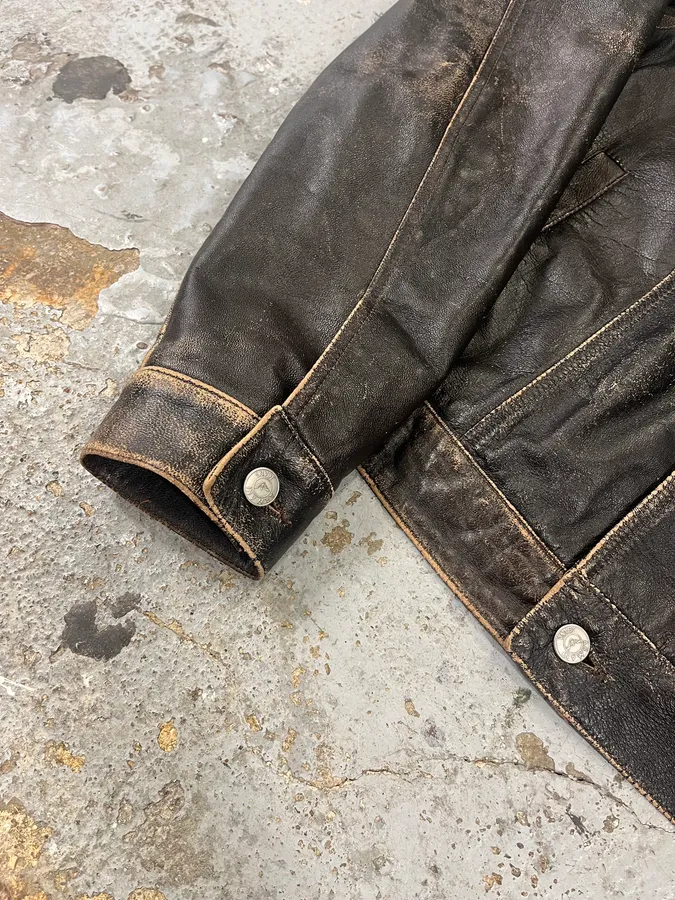 2000s Armani Trucker Faded Brown Leather Buttoned Jacket - Image 6