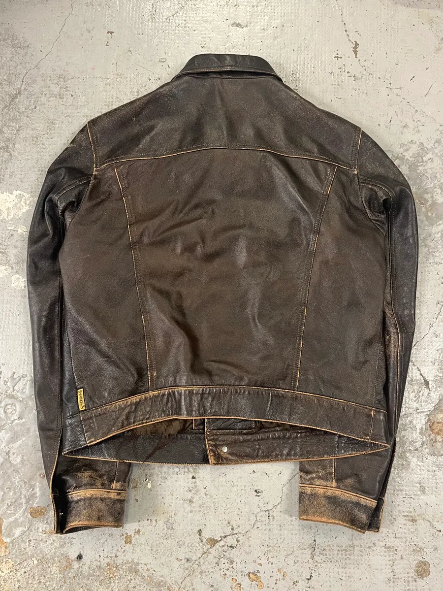 2000s Armani Trucker Faded Brown Leather Buttoned Jacket - Image 7