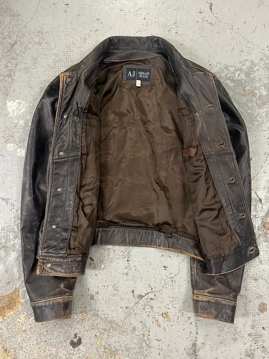 2000s Armani Trucker Faded Brown Leather Buttoned Jacket - Image 8