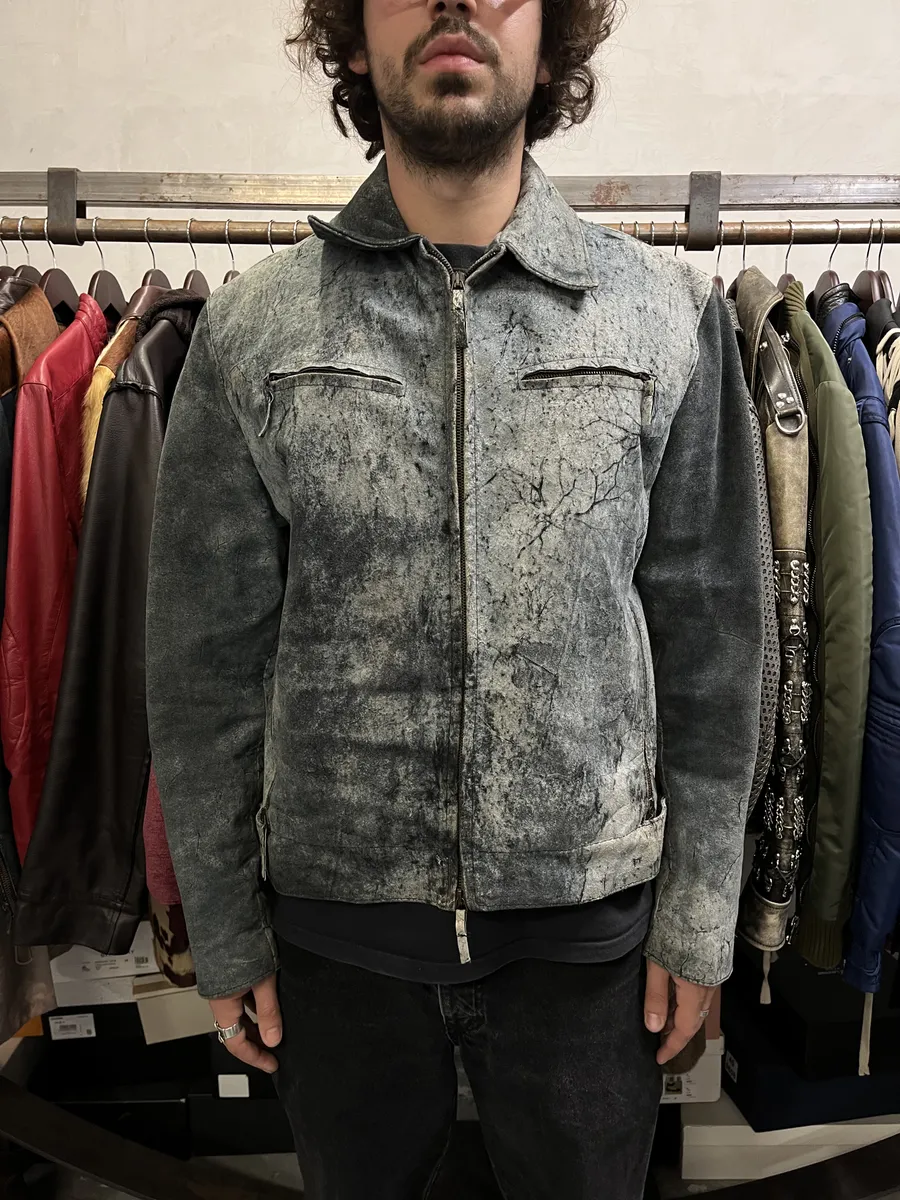 2000s Artisanal Grey Eroded Leather Jacket - Image 2