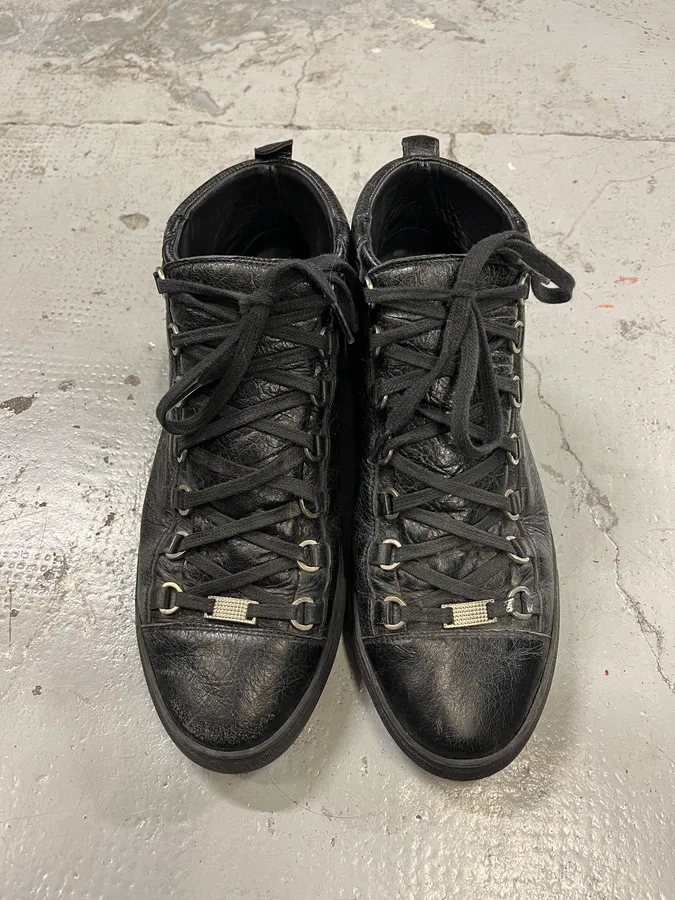 2000s Balenciaga Arena Black Cracked Leather High Top Sneakers - Image 4