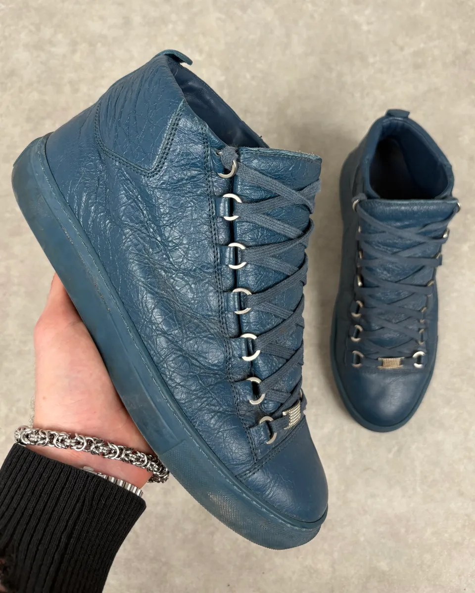 2000s Balenciaga Arena Dark Blue Cracked Leather High Top Sneakers