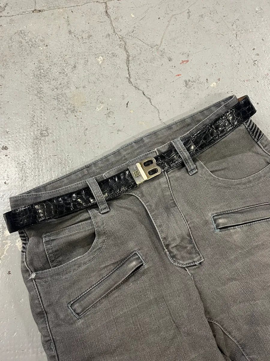 2000s Balenciaga Black Crocodile Effect Leather Belt