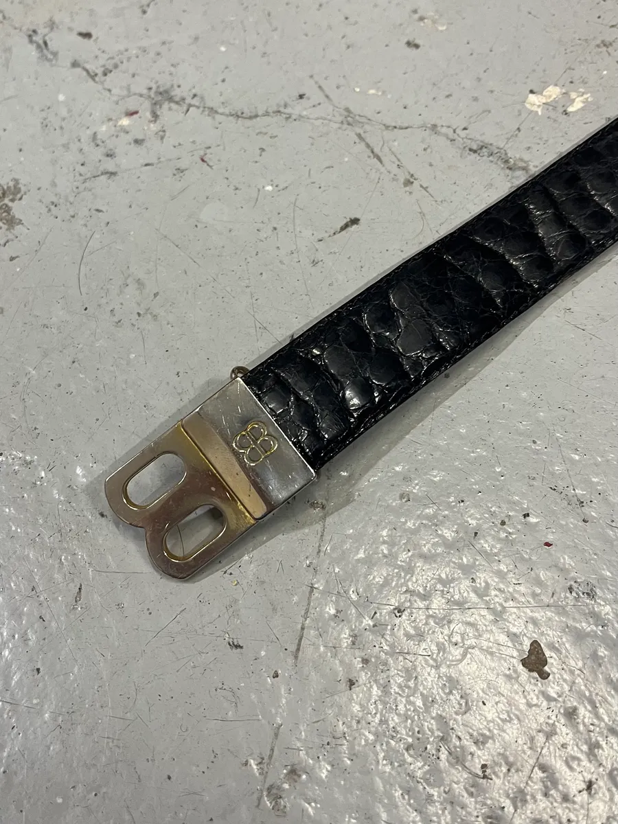 2000s Balenciaga Black Crocodile Effect Leather Belt - Image 6