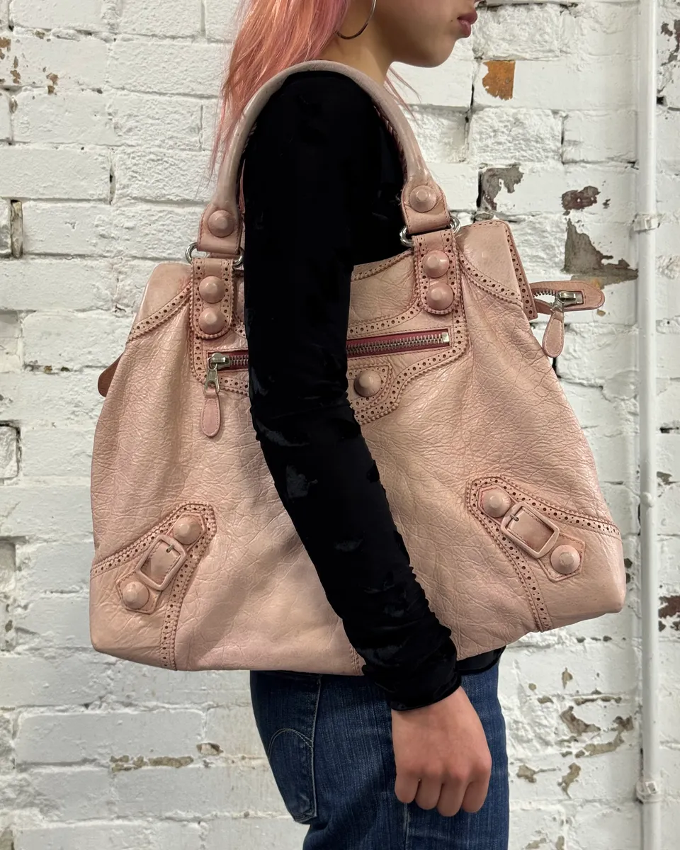 2000s Balenciaga Pink Leather Studded City Bag - Image 3