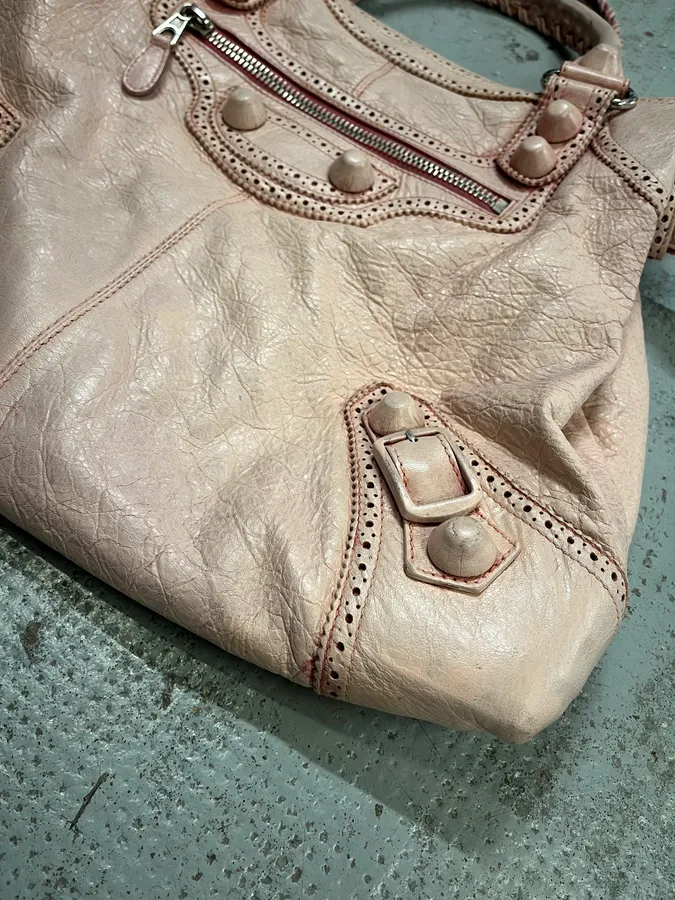 2000s Balenciaga Pink Leather Studded City Bag - Image 5