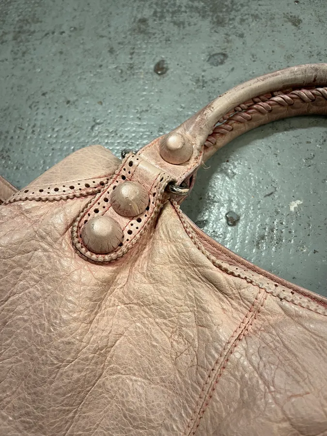 2000s Balenciaga Pink Leather Studded City Bag - Image 7