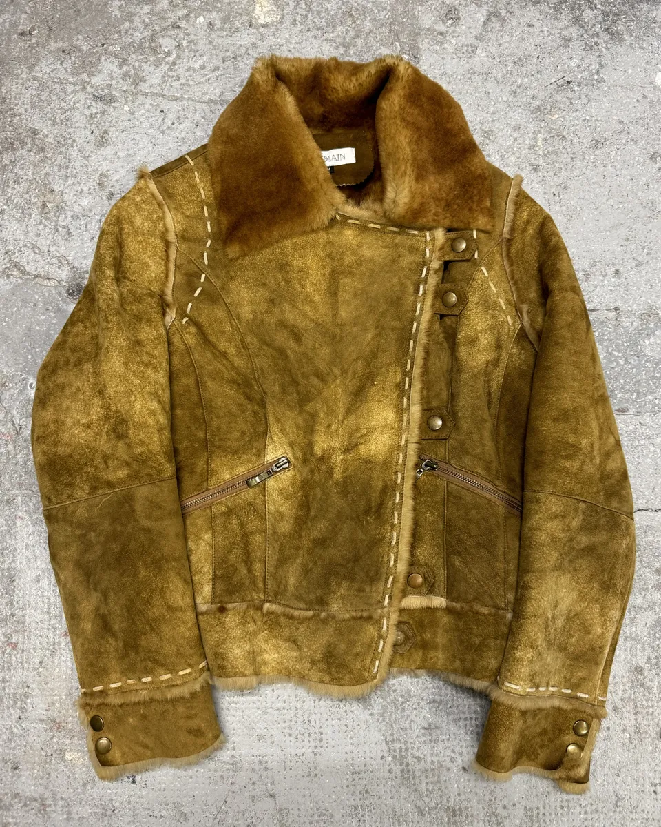 2000s Balmain Asymmetrical Camel Fur Suede Leather Jacket - Image 3