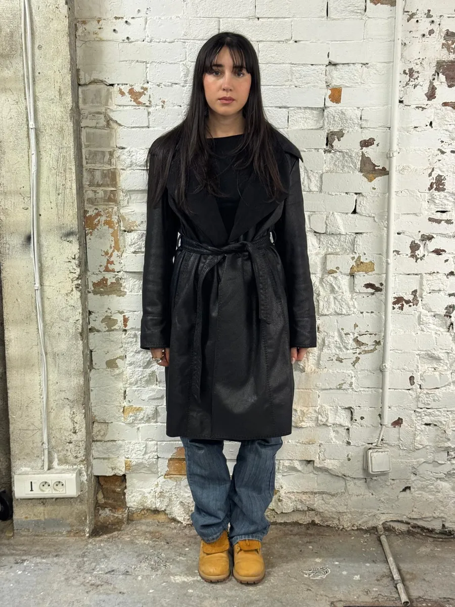 2000s Balmain Black Faux Leather Trench Coat - Image 2