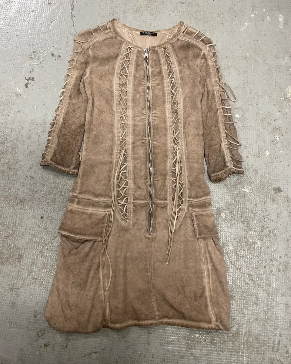 2000s Balmain Bondage Beige Suede Dress
