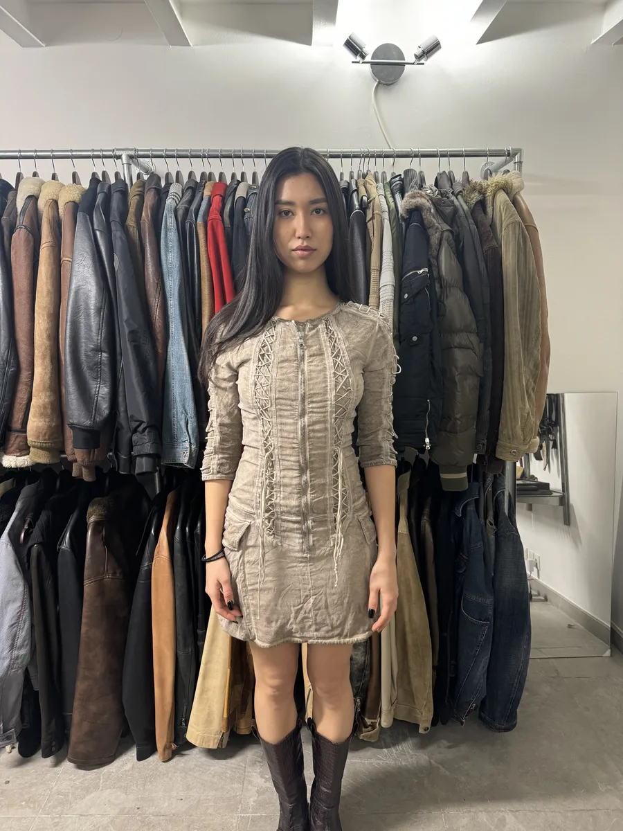 2000s Balmain Bondage Beige Suede Dress - Image 2