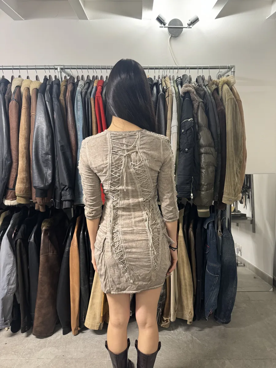 2000s Balmain Bondage Beige Suede Dress - Image 3