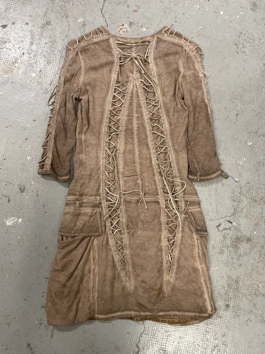 2000s Balmain Bondage Beige Suede Dress - Image 4
