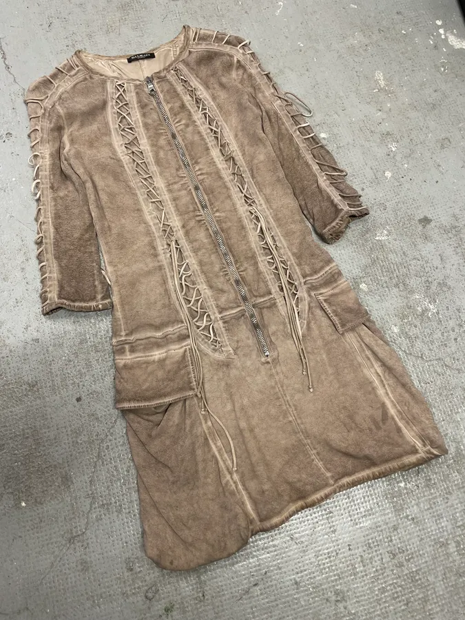 2000s Balmain Bondage Beige Suede Dress - Image 5
