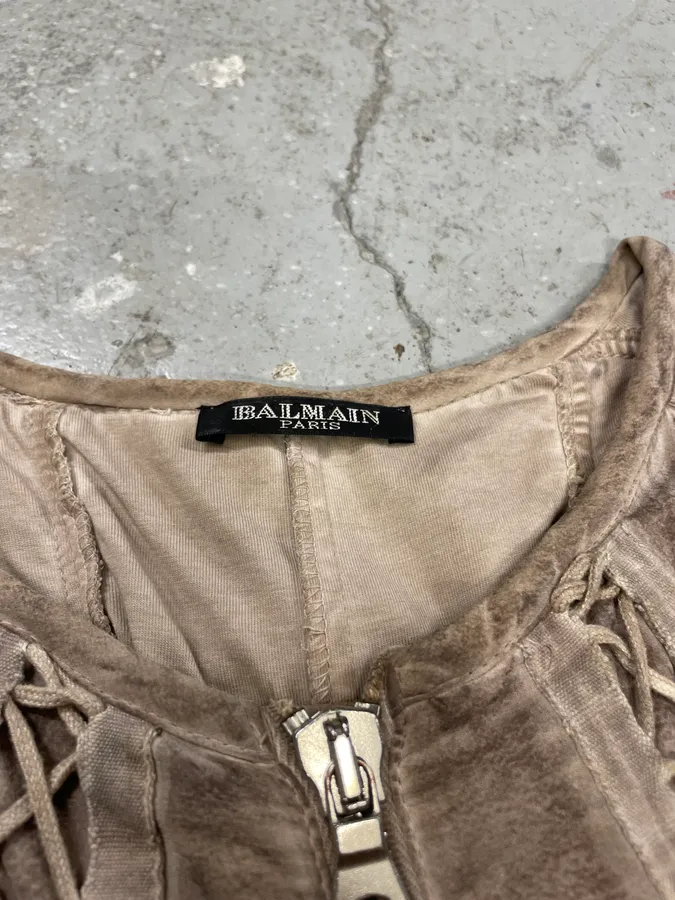 2000s Balmain Bondage Beige Suede Dress - Image 6