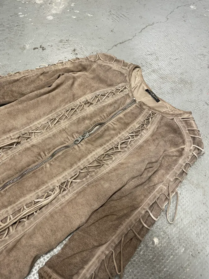2000s Balmain Bondage Beige Suede Dress - Image 8