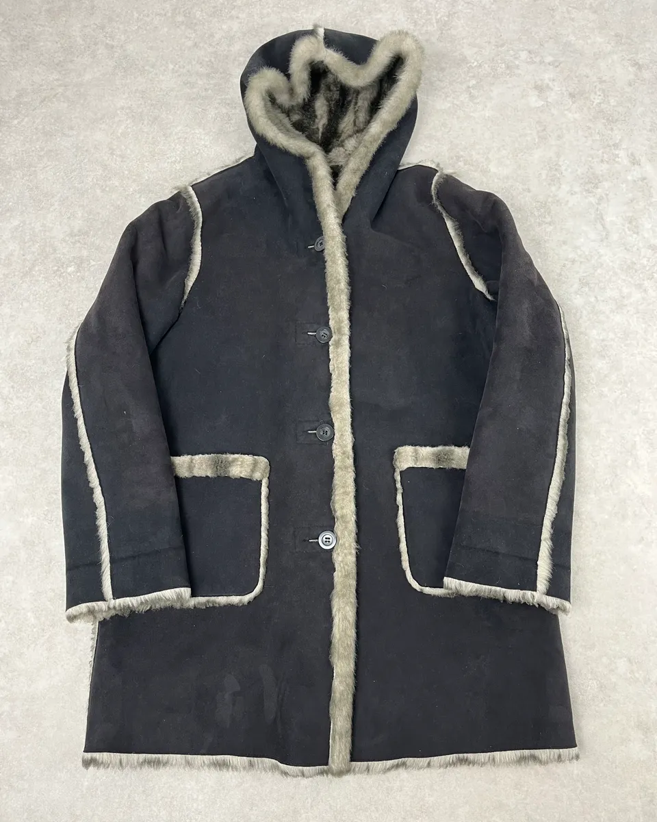 2000s Balmain Reversible Faux Fur Brown Suede Beige Hooded Jacket