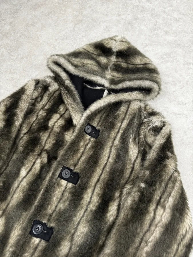 2000s Balmain Reversible Faux Fur Brown Suede Beige Hooded Jacket - Image 10