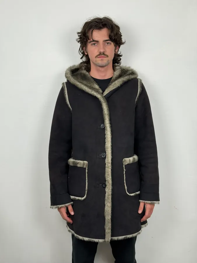 2000s Balmain Reversible Faux Fur Brown Suede Beige Hooded Jacket - Image 2