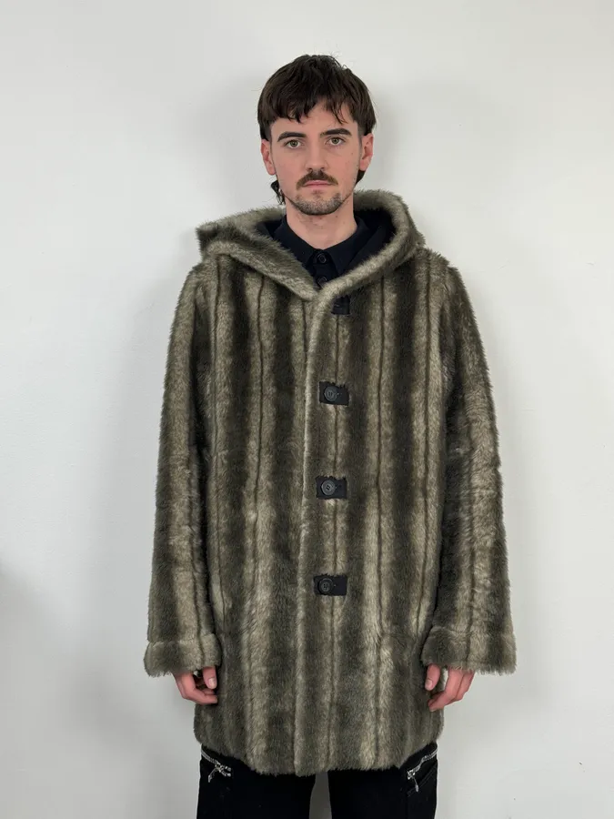 2000s Balmain Reversible Faux Fur Brown Suede Beige Hooded Jacket - Image 5