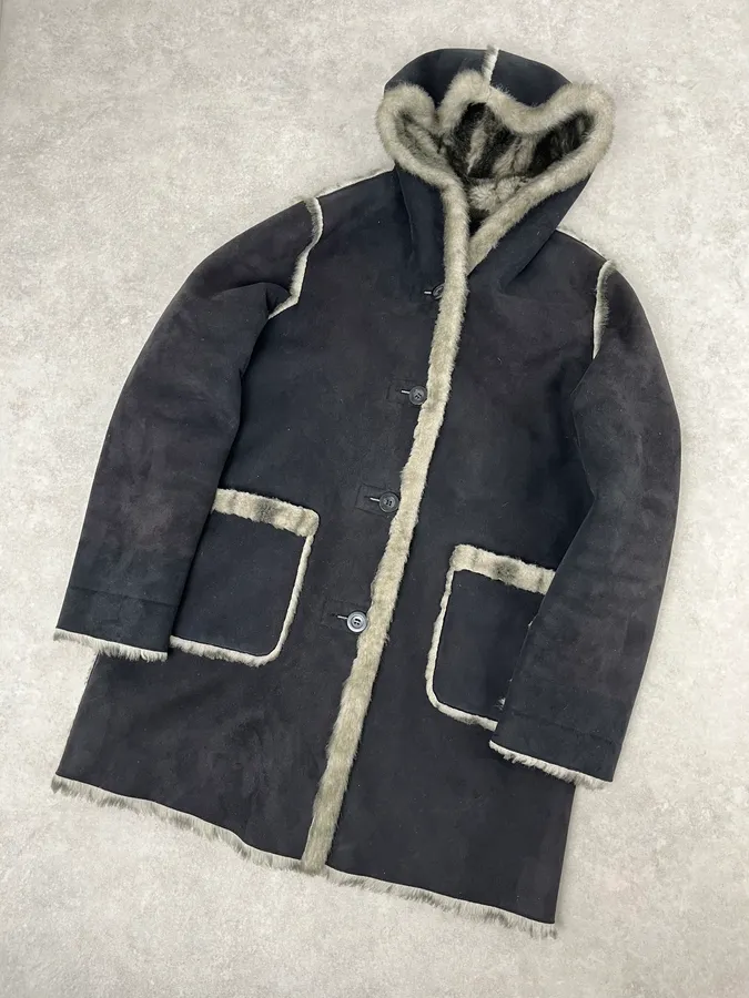 2000s Balmain Reversible Faux Fur Brown Suede Beige Hooded Jacket - Image 8