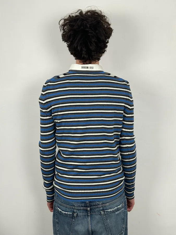2000s Bikkembergs Blue Striped V-Neck Sweater Wool Collar - Image 3
