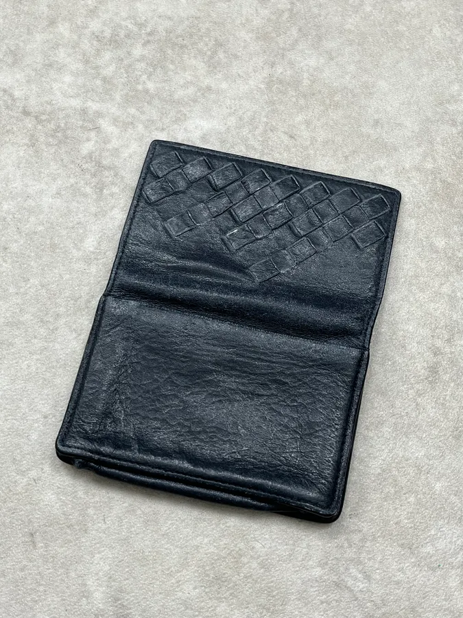 2000s Bottega Veneta Half Woven Black Pearl Leather Wallet - Image 4
