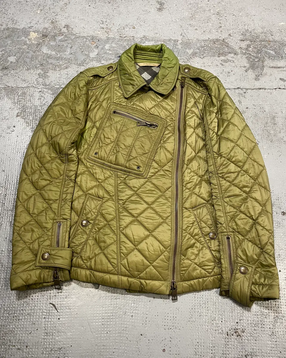2000s Burberry Green Asymmetrical Quilted Puffer Jacket