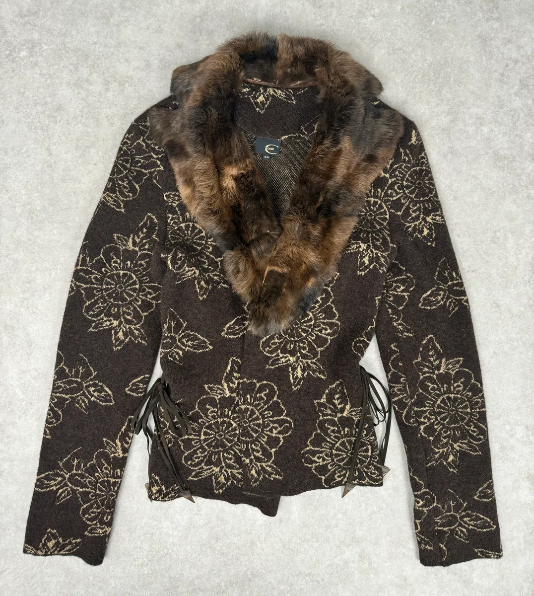 2000s Cavalli Alpaca Fur Collar Brown Cardigan Sweater - Image 3