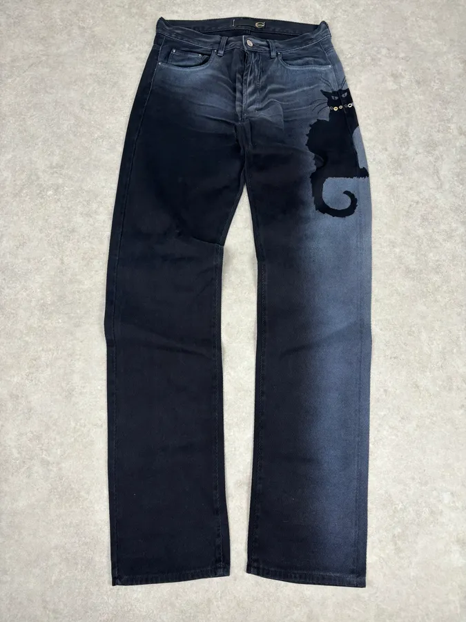 2000s Cavalli Archive Cat Navy Gradient Denim Jeans